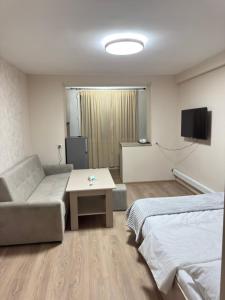 a hotel room with a bed and a couch and a tv at MN apartment in Yerevan in Yerevan