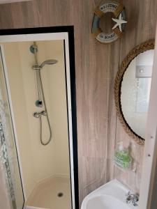 a bathroom with a shower and a toilet and a sink at Kings caravan park A-27 in Skegness +29 photos