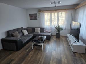 a living room with a couch and a table at Ferienwohnung mit Ausblick in Summaprada