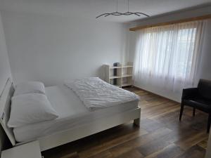 a bedroom with a bed and a chair and a window at Ferienwohnung mit Ausblick in Summaprada