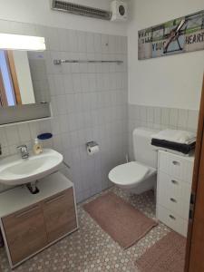 a bathroom with a sink and a toilet and a mirror at Ferienwohnung mit Ausblick in Summaprada +5 photos