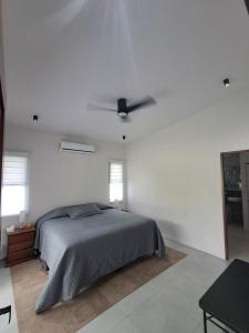 a white bedroom with a bed and a ceiling fan at Blue Wings Villa in Fortuna