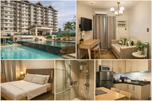 a collage of photos of a hotel room with a pool at Cozy 1BR with Balcony, Sea View and Pool - Fast WiFi - Snug Sanctuary in Talisay