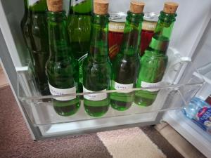 a refrigerator filled with green bottles of wine at PODNOZJe KOPAONIKA in Brus