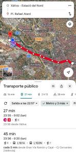 a screenshot of a map with a red line at Piso 3 habitaciones 2 baños Auditorio Manises Valencia in Manises