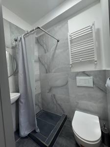 a white bathroom with a toilet and a sink at Columna Home in Chişinău