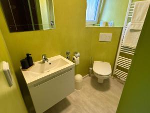 a green bathroom with a sink and a toilet at Hotel Hohe Wart in Herbrechtingen