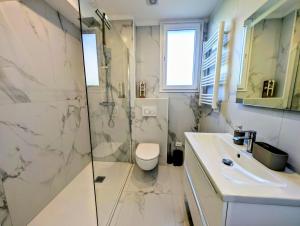 a bathroom with a toilet and a shower and a sink at La Régalide 2 B in Roquebrune-Cap-Martin