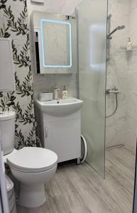 a bathroom with a toilet and a sink and a shower at Apartment Dragoman 10 in Pleven