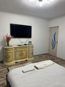a bedroom with a bed and a television on a dresser at Fabrizio house in Timişoara