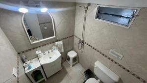 a bathroom with a sink and a toilet and a mirror at Duplex Jauregui en Lujan in Luján +11 photos