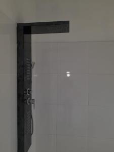 a bathroom with a glass shower door with a television at Blue Song Villa in Braco