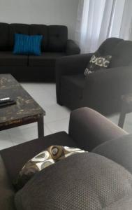 a living room with a couch and a chair at Blue Song Villa in Braco