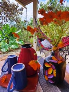 a table with two vases and two cups and flowers at Chalé dos Lírios in Alto Paraíso de Goiás +17 photos
