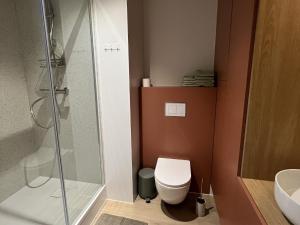 a bathroom with a toilet and a glass shower at Charming ground-floor apartment in Bree in Bree