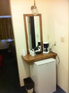 a bathroom with a counter with a mirror and a refrigerator at Cataline Motor Inn in Fraser Lake