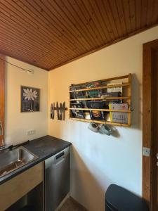 a kitchen with a sink and a counter top at Architectural Cottage On 7000 Sqm Nature Plot in Hadsund