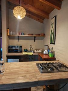 a kitchen with a stove and a counter top at Cabañas Quinta de Cuevas in Mazamitla