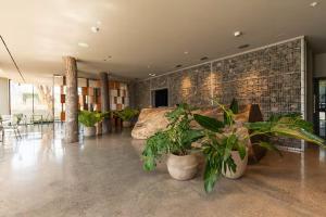 a large room with potted plants and a brick wall at Babylon Prime Nunciatura in San José +31 photos