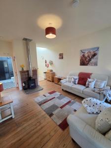 a living room with two couches and a fireplace at Siskin Cottage in Lochgilphead