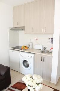 a kitchen with a washing machine and a sink at Tiffany City Apartments in Larnaca
