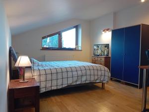 a bedroom with a bed and a blue cabinet at Villa des écureuils in Dole