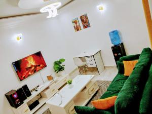 a living room with a green couch and a tv at HomePlug Realty in Ongata Rongai 