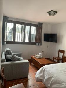 a bedroom with a bed and a couch and a tv at Hostel Los Guajares in Guájar-Faragüit