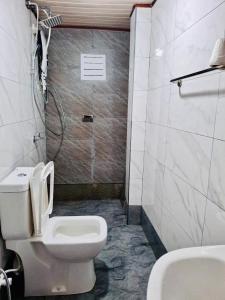 a bathroom with a toilet and a shower and a sink at Moon Mist Villa in Kotagala