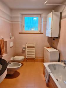 ein Badezimmer mit Waschbecken, Toilette und Fenster in der Unterkunft Ai Foresti in Castello dʼAviano + 21 Fotos