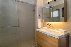 a bathroom with a sink and a shower at Eden's Holiday Villas in Mahe +19 photos