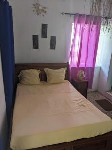 a bed in a room with a pink curtain at Sam in Mahajanga
