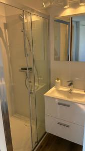 a bathroom with a glass shower and a sink at Les chambres de la Bastide in Saint-Sauveur-de-Montagut