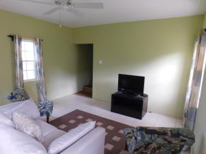 a living room with a white couch and a tv at Valley View Property in Ogeeʼs