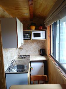 una pequeña cocina con fregadero y microondas en Departamentito Austral, en Puerto Montt