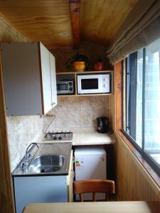 a small kitchen with a sink and a microwave at Departamentito Austral in Puerto Montt