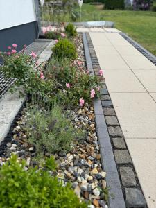 a garden with rocks and flowers in a yard at Pension "Zum Romröder Steingarten" in Romrod
