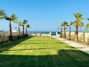 a large lawn with palm trees on the beach at The Palms Seaside - Kolymvari in Kolymvari