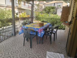 a table and chairs sitting on a porch with a table and chairs at terrazza sul castello in Roccella Ionica