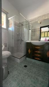 a bathroom with a shower and a toilet and a sink at Paros Casa Prive in Vrachonisída Loúmpinas +60 photos