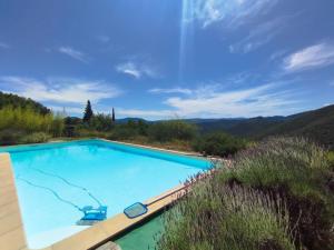 a large blue swimming pool with a view of the mountains at Mas de la Petite Occitane - Cévennes sud in Saint-André-de-Majencoules