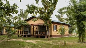 a house in the middle of a yard with trees at Bardiya Nature Lodge in Belā