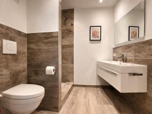 a bathroom with a white toilet and a sink at VonMos Moselblick Apartments in Kinheim