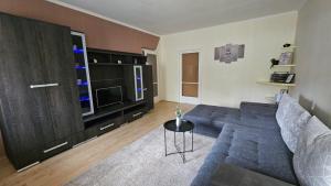 a living room with a couch and a tv at Lotti Apartman in Békéscsaba