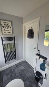 a bathroom with a toilet and a door at Hadrians wall studio in Carlisle +32 photos