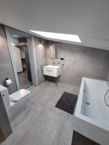 a bathroom with a toilet and a sink and a tub at Apartament Mickiewicza 6 in Września