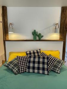 a bed with two pillows and a cactus on it at Casa Mypi in Reinhardsmunster