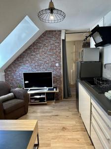 a living room with a television and a brick wall at Le Studio du Square : Châteaux-Beauval-Arrivée auto-Netflix in Romorantin