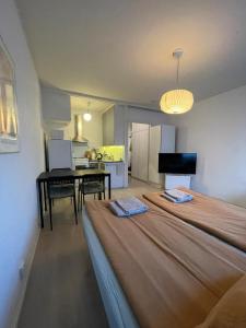 a room with two beds and a table and a kitchen at Apartment with a wonderful location! in Lappeenranta +5 photos