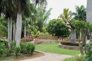 a garden with a statue and palm trees at Ctrl Alt Heal Sparsh Integrated Wellness Center in Hyderabad